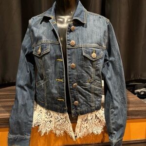 CAbi Women's Blue Denim Jacket with Lace Trim